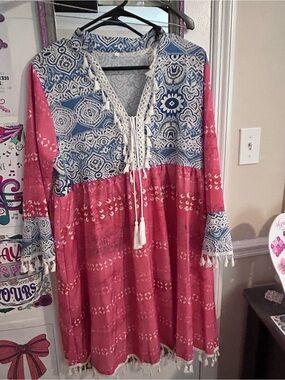 Source Unknown Blue and Pink Boho Tassel Tunic Dress